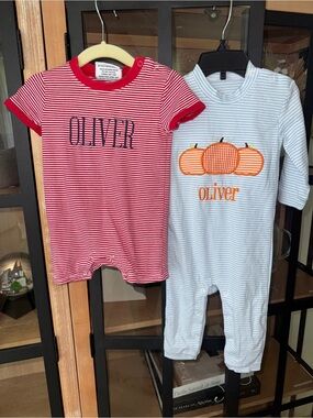 Bundle Oliver monogrammed appliqué coverall baby boy pumpkins fall romper